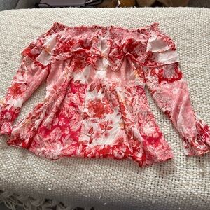 Rachel Zoe Pink and Red Off-Shoulder Smocked Blouse